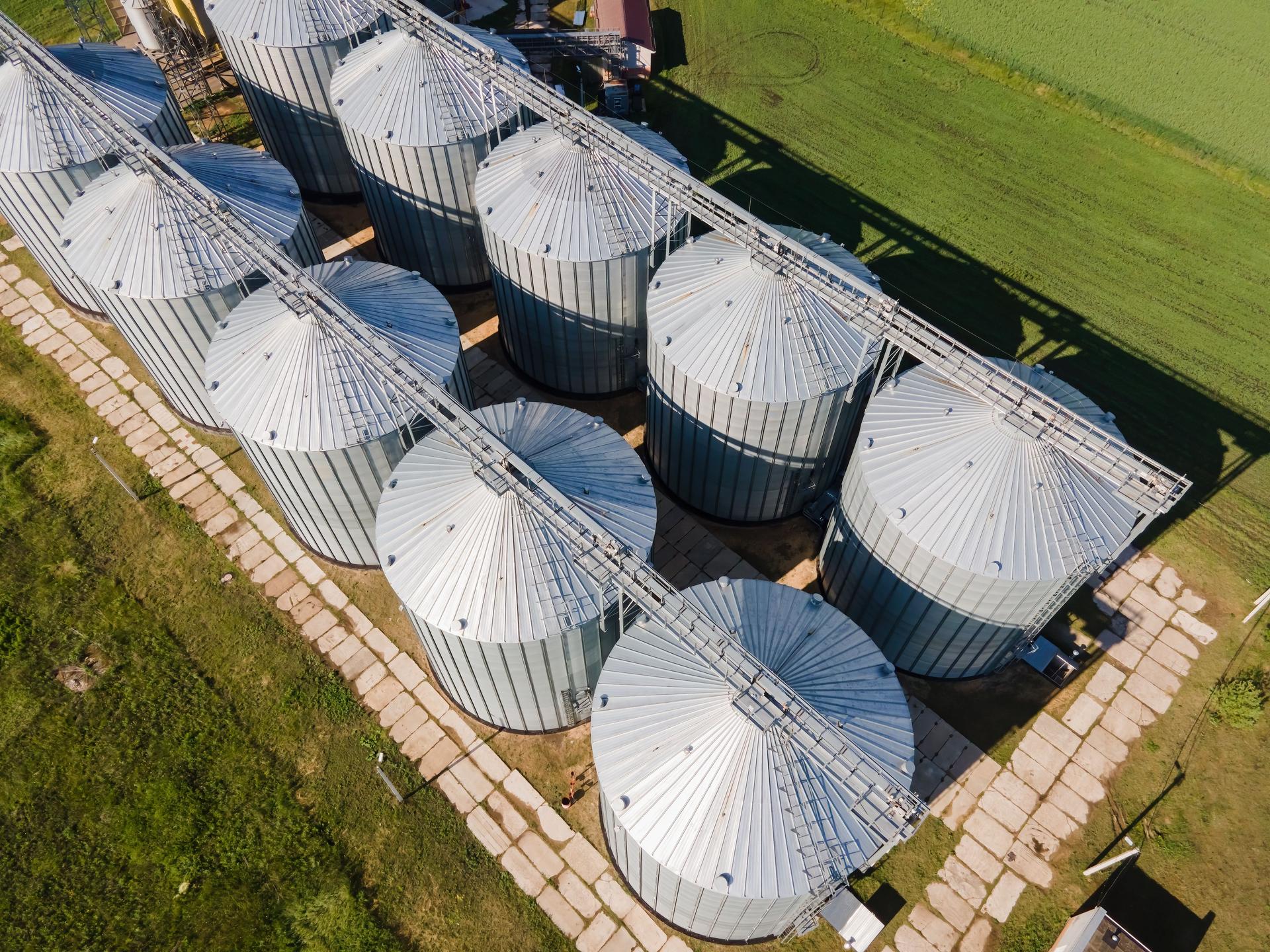 Steel silos for storing grain on a agricultural farm